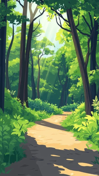Serene Summer forest trail with sunlight streaming through the trees.