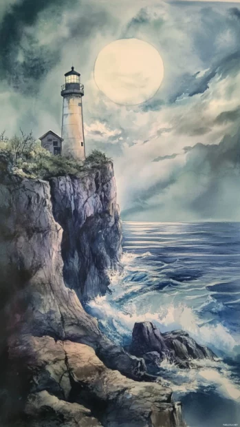Serene Watercolor Painting Of A Lonely Lighthouse On A Rocky Shore.