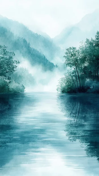 Serene Watercolor Wallpapers For Mobile Depicting A Peaceful Riverside.