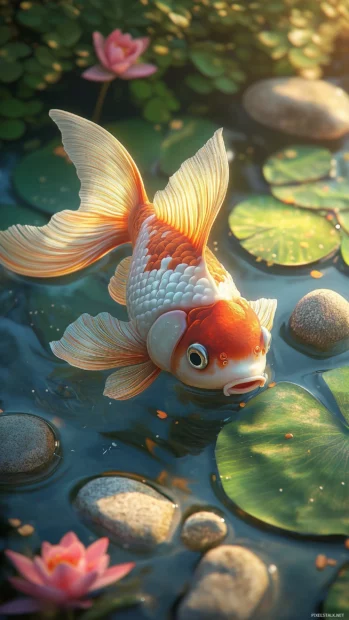Serene capture of a goldfish with intricate, frilly fins swimming near lily pads and small pebbles in a calm pond, with soft sunlight filtering through.