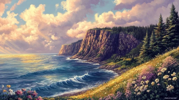 Serene coastal cliffs bathed in warm evening hues.