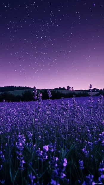 Serene fields kissed by faded lilac starlight, whispering the beauty of aesthetic lavender stars background.
