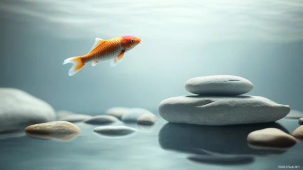 Serene fish tank, single koi fish, graceful swimming, simple rocks pebbles minimalistic decor, zen like vibe.