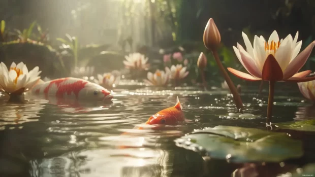 Serene koi fish gliding in a natural pond, with soft sunlight filtering through water lilies and casting gentle shadows on the pond floor.