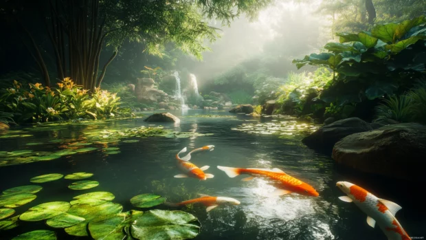 Serene koi fish gliding, natural pond, soft sunlight filtering water lilies, gentle shadows pond floor casting.