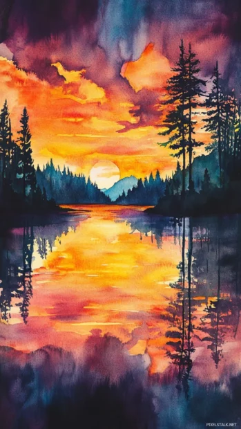 Serene lake reflecting fiery skies for a perfect sunset lake watercolor background.
