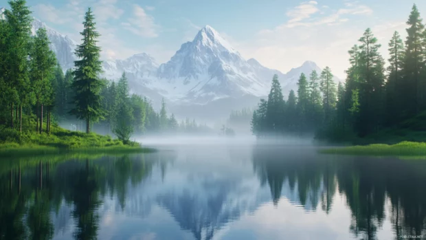 Serene lake reflections showcasing best Nature PC Wallpapers aesthetics with crystal clear water and misty mountains.