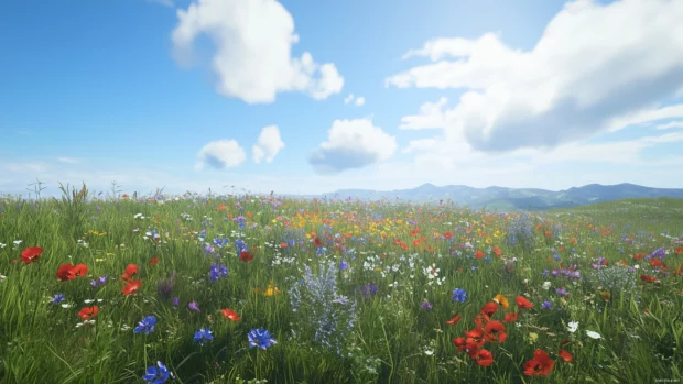 Serene meadow filled with vibrant wildflowers under a clear blue sky, with sunlight casting warm highlights over the soft petals.
