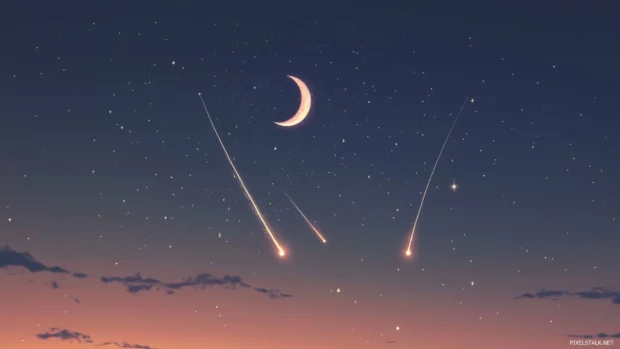 Serene night sky filled with bright stars and subtle shooting stars streaking across horizon with faint glow from crescent moon adding to beauty.