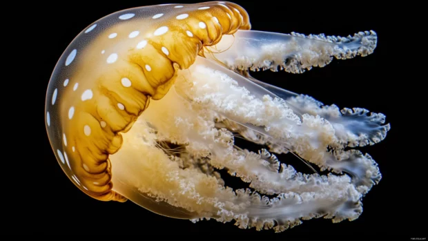 Serene scene of a translucent jellyfish gently floating in the dark ocean depths, surrounded by soft, glowing light.