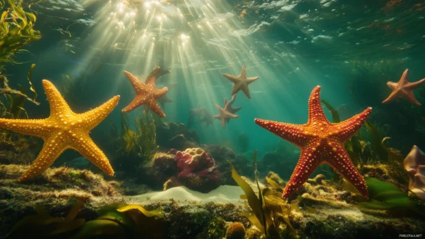 Serene underwater scene, multiple starfish, ocean floor scattered, shapes colors contrast coral seaweed.