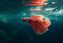 Serene underwater scene with a single beta fish, its flowing fins and vibrant colors contrasting against a soft, dark background.