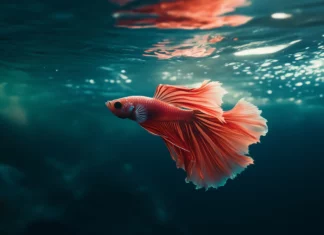 Serene underwater scene with a single beta fish, its flowing fins and vibrant colors contrasting against a soft, dark background.