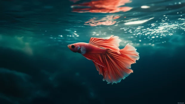 Serene underwater scene with a single beta fish, its flowing fins and vibrant colors contrasting against a soft, dark background.
