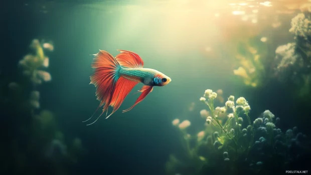 Serene underwater scene with a single beta fish, its flowing fins and vibrant colors contrasting against a soft, dark background.