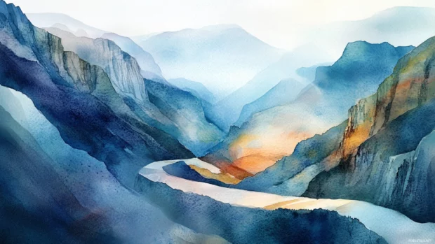 Serene watercolor mountain passes winding between cliffs.