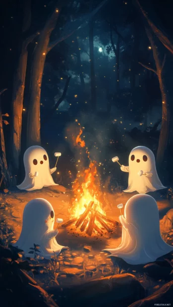 Several cute ghosts float around a campfire roasting marshmallows in the dark.