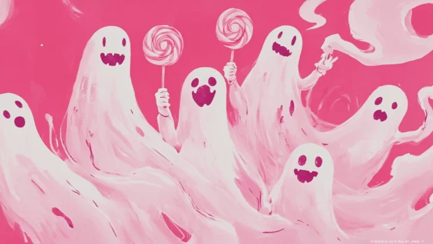 Several happy ghosts holding lollipops float gently through a monochrome pink world.