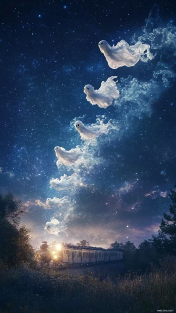 Several tiny ghosts form a train as they fly across the night sky under stars.