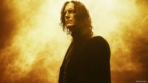 Severus Snape standing in a dramatic light with enchanted background.