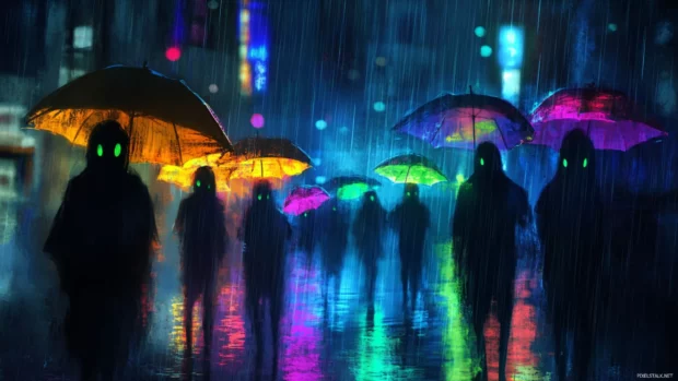 Shadow creatures lurking under neon rain.