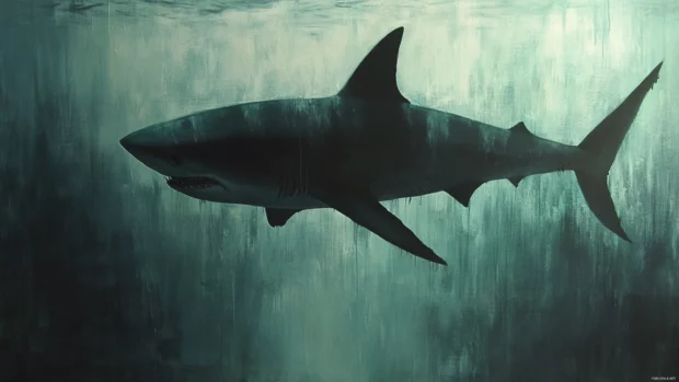 Shadow of shark fading into deeper ocean abyss.