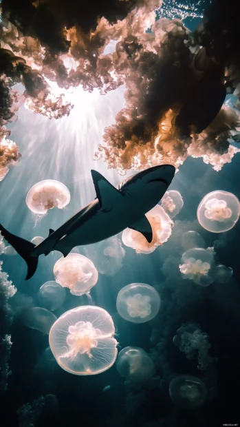 Shadow of shark swimming beneath floating jellyfish.