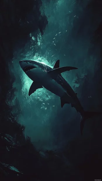 Shadow shark with glowing markings gliding through midnight trench.
