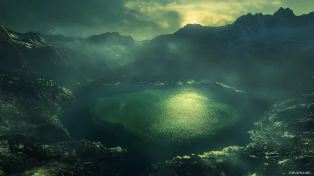 Shadowed lakes glowing beneath astral mists.