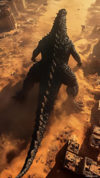 Shadows of Godzilla stretching across a ruined desert city.