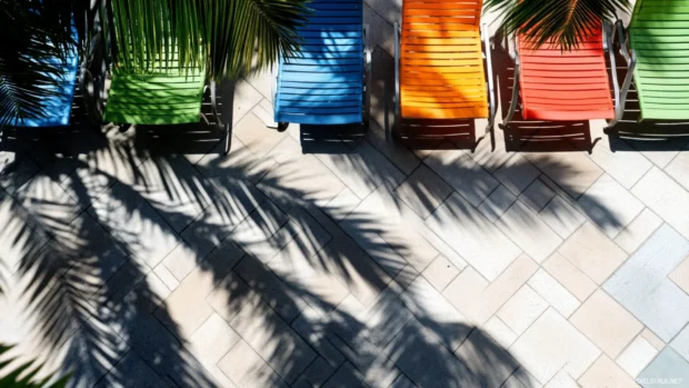 Shadows of palm leaves ripple across a cool, tiled patio dotted with colorful beach chairs.