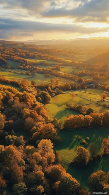 Shadows stretching over pretty autumn landscape.