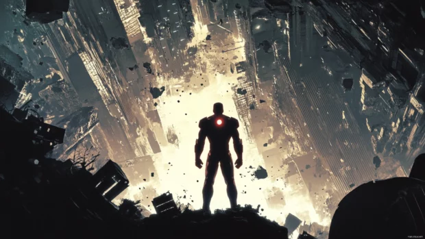 Shadows swirl around Iron Man Mark II as he stands silently amid the chaos surrounded by futuristic ruins.