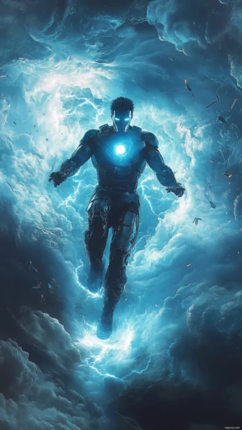 Shadows swirl around Iron Man in Blue Light as he emerges from the wreckage beneath swirling clouds.