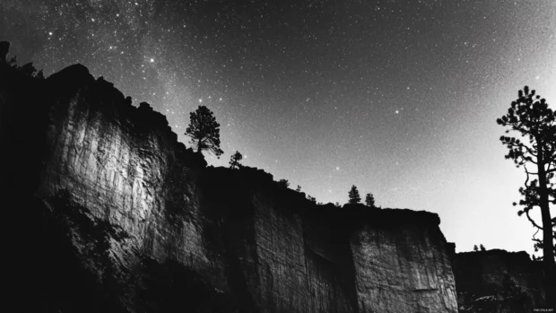 Shadowy cliffs crowned with midnight stars.