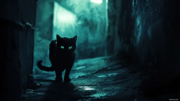 Shadowy creature in an alley with glowing eyes, dark Halloween Desktop Wallpapers.