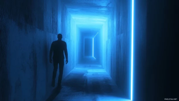 Shadowy figure walking down endless neon blue corridor.