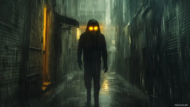 Shadowy figure with neon eyes appearing in the mist of a rain drenched back alley.