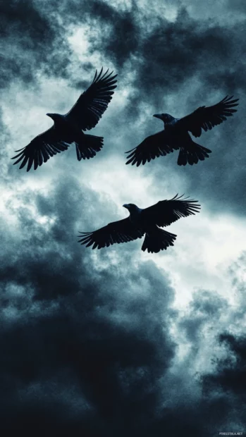 Shadowy ravens gliding across a stormy sky.