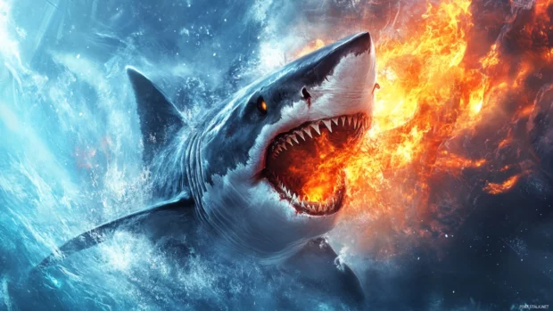 Shark breaking ice wall with fiery glare and claws.