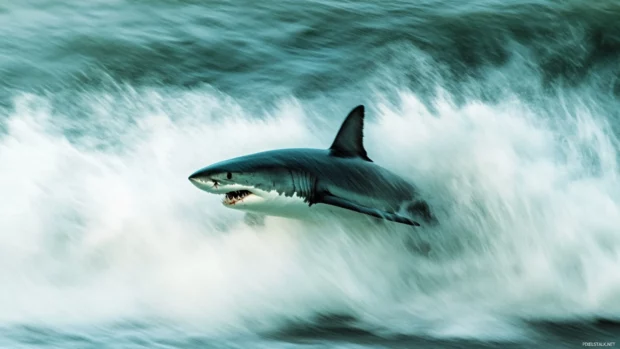 Shark caught in crashing surf with motion blur effect.