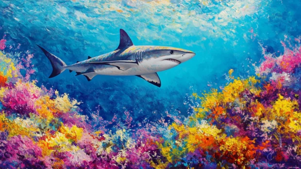 Shark cruising past coral bloom in shallow water.