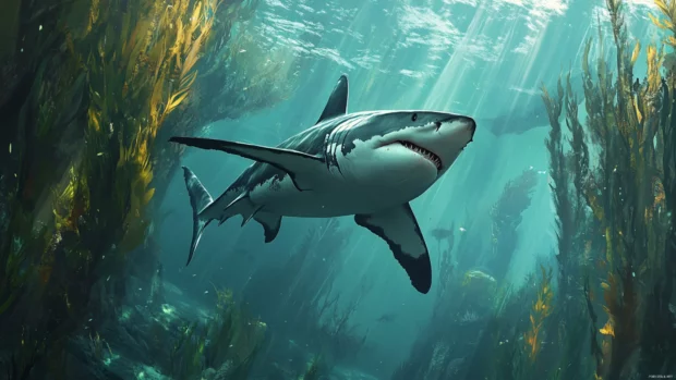 Shark desktop wallpapers showing gliding shark through kelp forest.