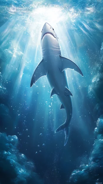 Shark drifting upward toward shimmering light rays in vertical frame.