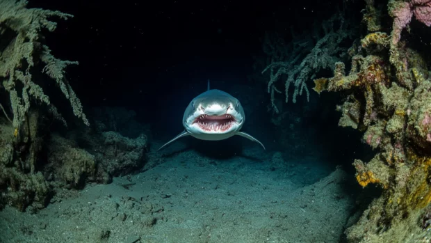 Shark emerging from deep sea trench with wide mouth.