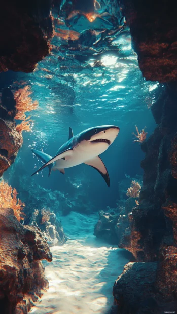 Shark exploring underwater cavern with reflective eye gleam.