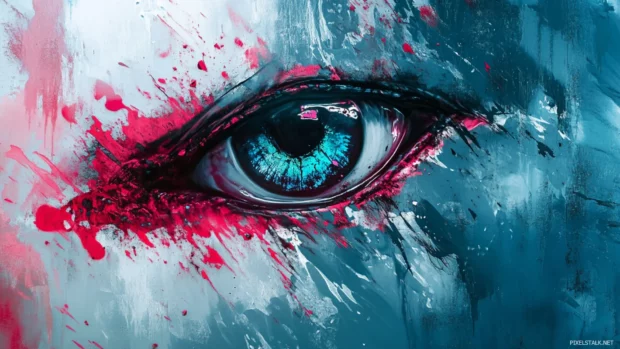 Shark eye shining in a splash of glitch graffiti ink.