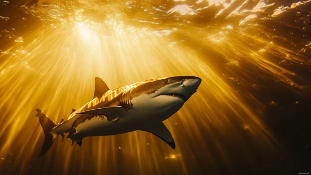 Shark framed by beams of golden underwater light.