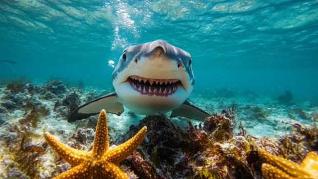 Shark giggling while being tickled by starfish.