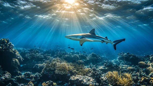 Shark gliding across coral canyon with filtered sunbeams.